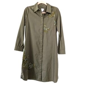 Chico’s Embroidered Shirt Dress Size SZ 0 US 4 Pockets Long Sleeves Green